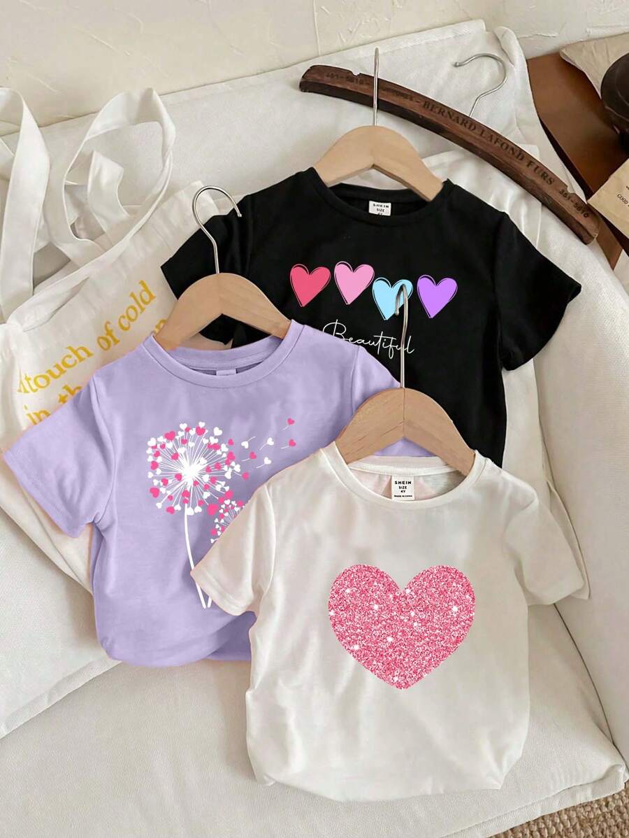 SHEIN Tween Girls Casual Minimalist Cartoon Pattern 2pcs/Set T-Shirt, Suitable For Summer - Multicolor - View 1