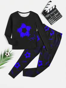 SHEIN Leap Crew Tween Boy Glow-In-The-Dark Football Printed Crew Neck Long Sleeve Top And Snug Fit Long Pants Casual Comfortable Pajamas Set