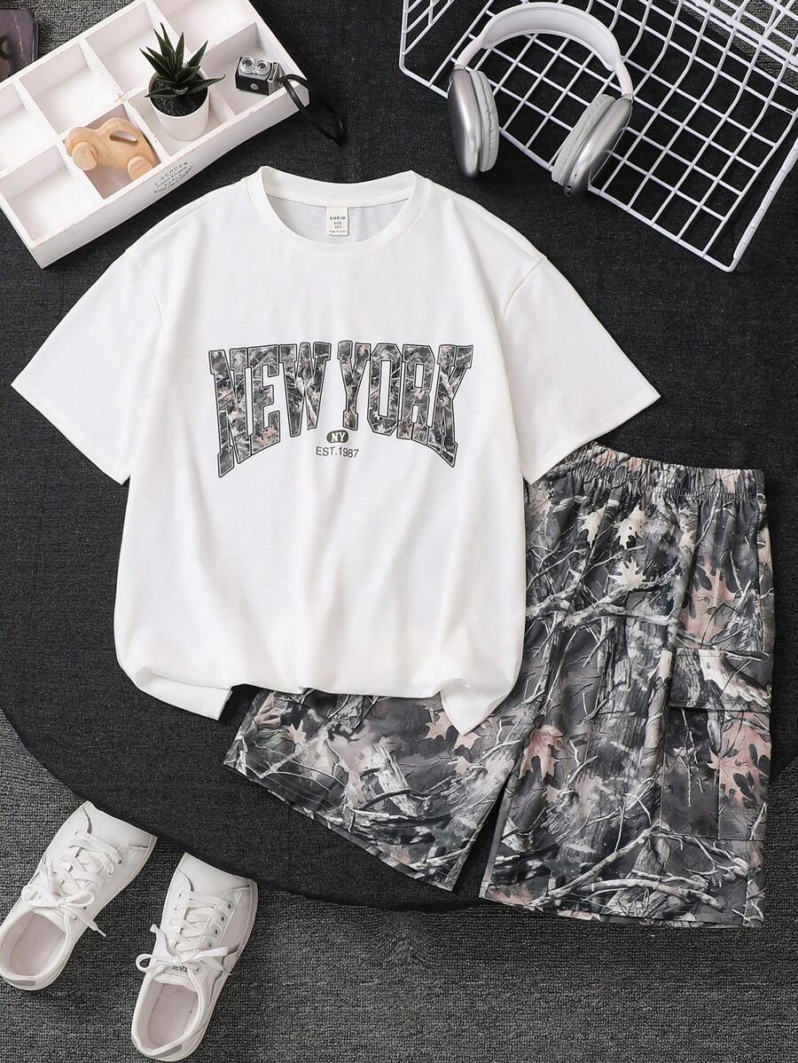 2pcs Kids Tween Boy Casual Academy Style Loose Letter Graphic Round Neck Tee And Shorts Set, Comfortable, Versatile, Suitable For Commute, School, Casual, Vacation, Sports, Spring/Summer/Fall/Winter