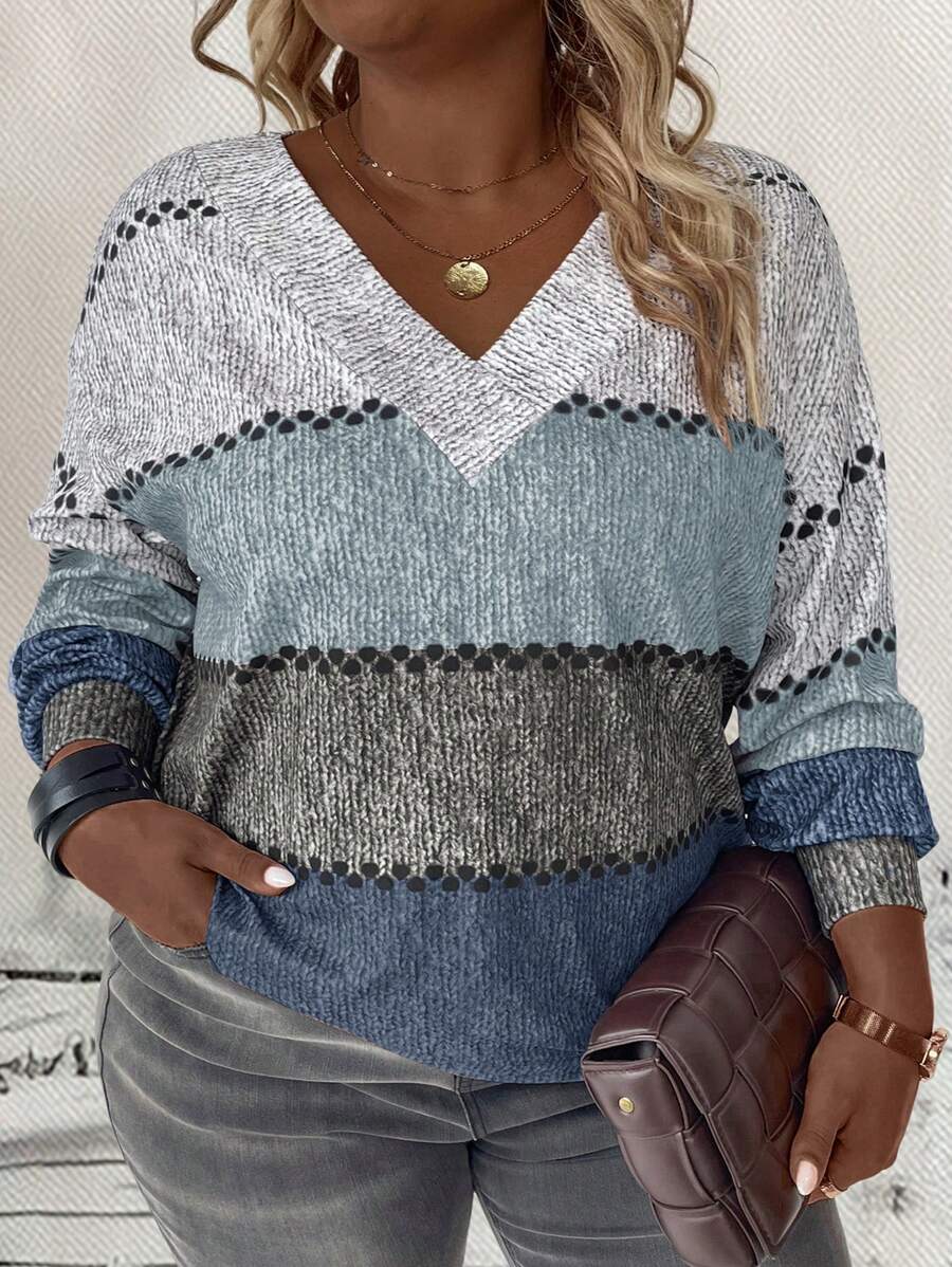 SHEIN LUNE Áo thun cổ chữ V tay dài màu trơn cỡ lớn, phong cách tối giản, mặc thường ngày - Màu xanh lam - Xem 1