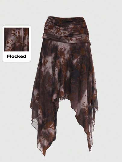Grunge Punk Wildly Y2K Tie-Dye Floral Texture Asymmetrical Hem Plisse Skirt For Women