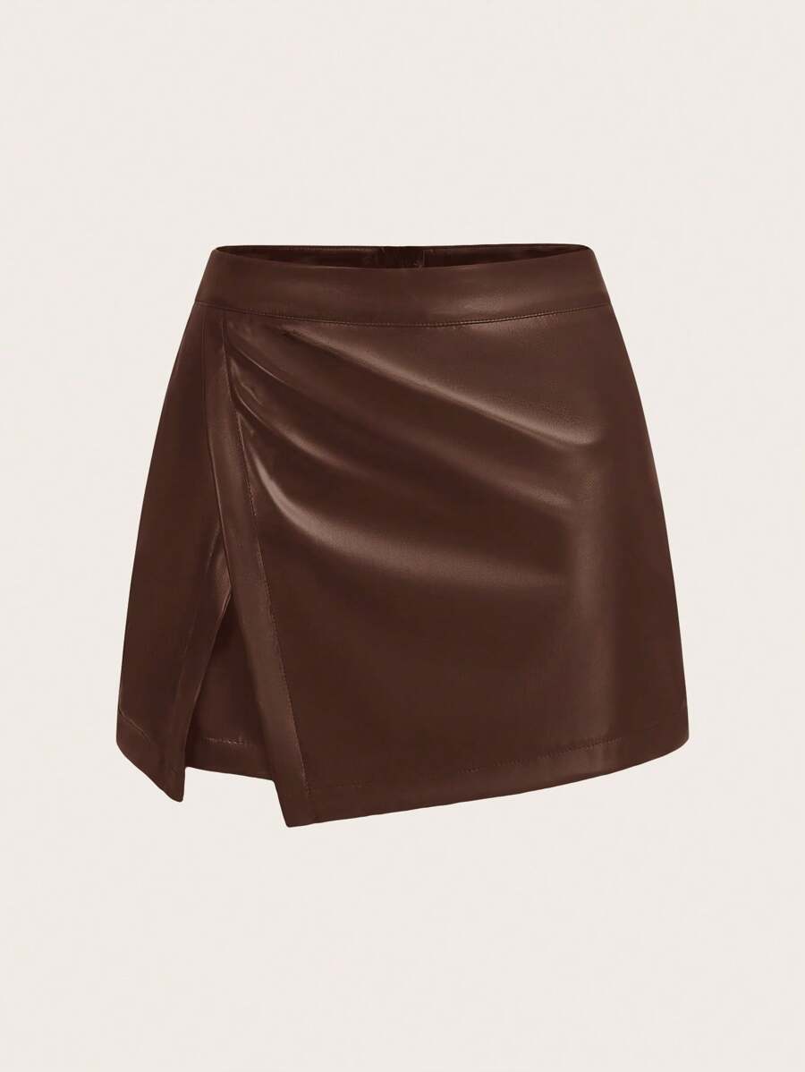 SHEIN Privé Fashionable High-Waisted Slim Faux Leather Shorts, Versatile Design For Autumn/Winter - Brown - View 1
