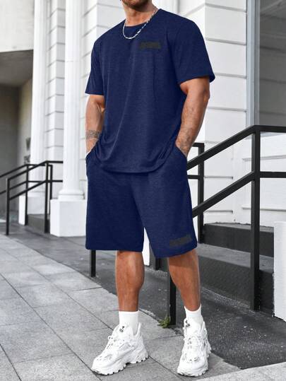 Manfinity Homme 2pcs/Set Plus Size Men Letter Print Round Neck Short Sleeve T-Shirt And Shorts, Casual Men 2 Pieces Outfits Co Ords Sets, Cozy Outfits