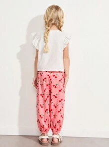 SHEIN 2 件套年轻女孩可爱樱桃印花 T 恤和可爱樱桃口袋裤子套装 - 彩色 - 查看 2