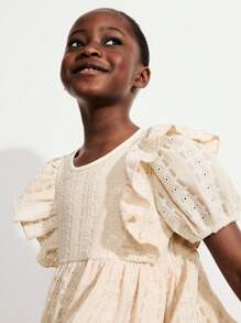 SHEIN Young Girls Sweet Country Style Apricot Puff Sleeve Ruffle Collar Embroidered Dresses - Apricot - View 5