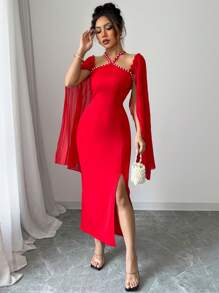 Elenzga Sleeveless Pleated Dress With Pearl Decor And Side Slit For Women - Red - View 4