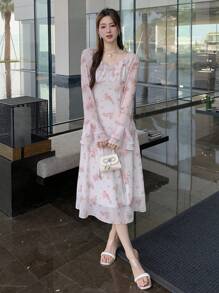 DAZY Đầm maxi họa tiết hoa nhí mùa xuân mới, đầm kiểu dáng thanh lịch đi biển, đầm dài tay họa tiết hoa loang lổ dành cho nữ, đầm xếp nếp, đầm mùa thu. - Hồng - Xem 6