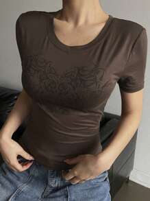 DAZY Women's Slim Fit Round Neck Printed T-Shirt, Spring Style Weekend, Summer - Coffee Brown - View 1