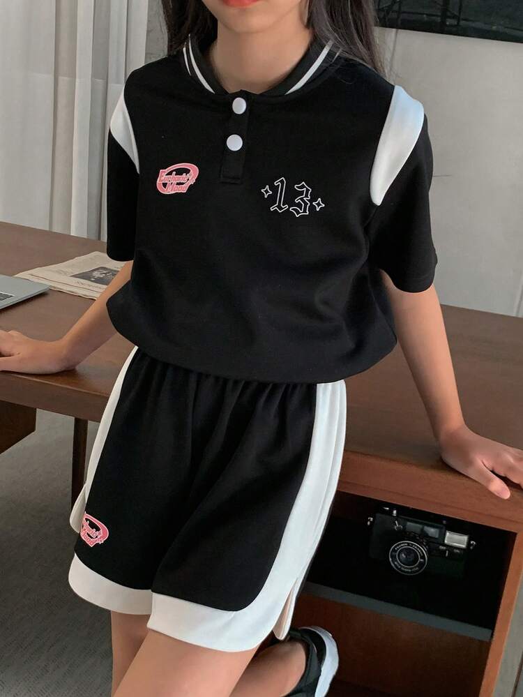 Tween Girls 2 Pieces Set: Contrast Color Splice Short Sleeve Top And Shorts
