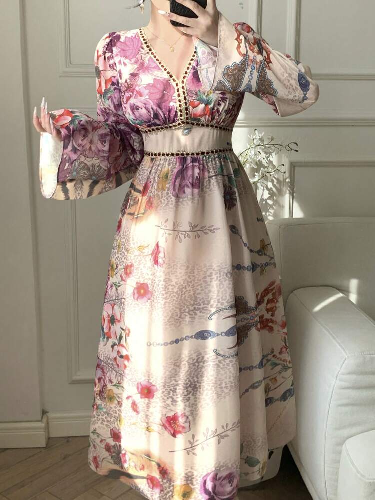 Spring New Waist-Cinched Floral Print V-Neck Sundress, Elegant Muse Style Long Dress, Slim Fit And Versatile For Women,Ruffle,Fall Dress Long Sleeve Dress Vacation Outfits Women Boho