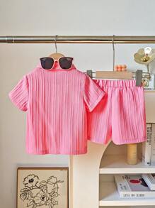 3pcs/Set Baby/Toddler Girl Casual Versatile Pink Short Sleeve Blouse Top, Loose Wide Leg Shorts And White Camisole, Comfortable Woven Fabric, Spring/Summer New Outfit, Suitable For Everyday Wear And Vacation - Pink - View 2