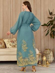 Al Najma Loose Elegant Long Cardigan With Exquisite Embroidery Pattern, Front Opening, Golden Lace Trim, Lined, Comfortable Oversized Fashionable Long Sweater, Kaftan & Jalabiya - Blue - View 2