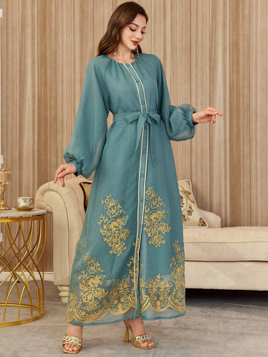 Al Najma Loose Elegant Long Cardigan With Exquisite Embroidery Pattern, Front Opening, Golden Lace Trim, Lined, Comfortable Oversized Fashionable Long Sweater, Kaftan & Jalabiya - Blue - View 1