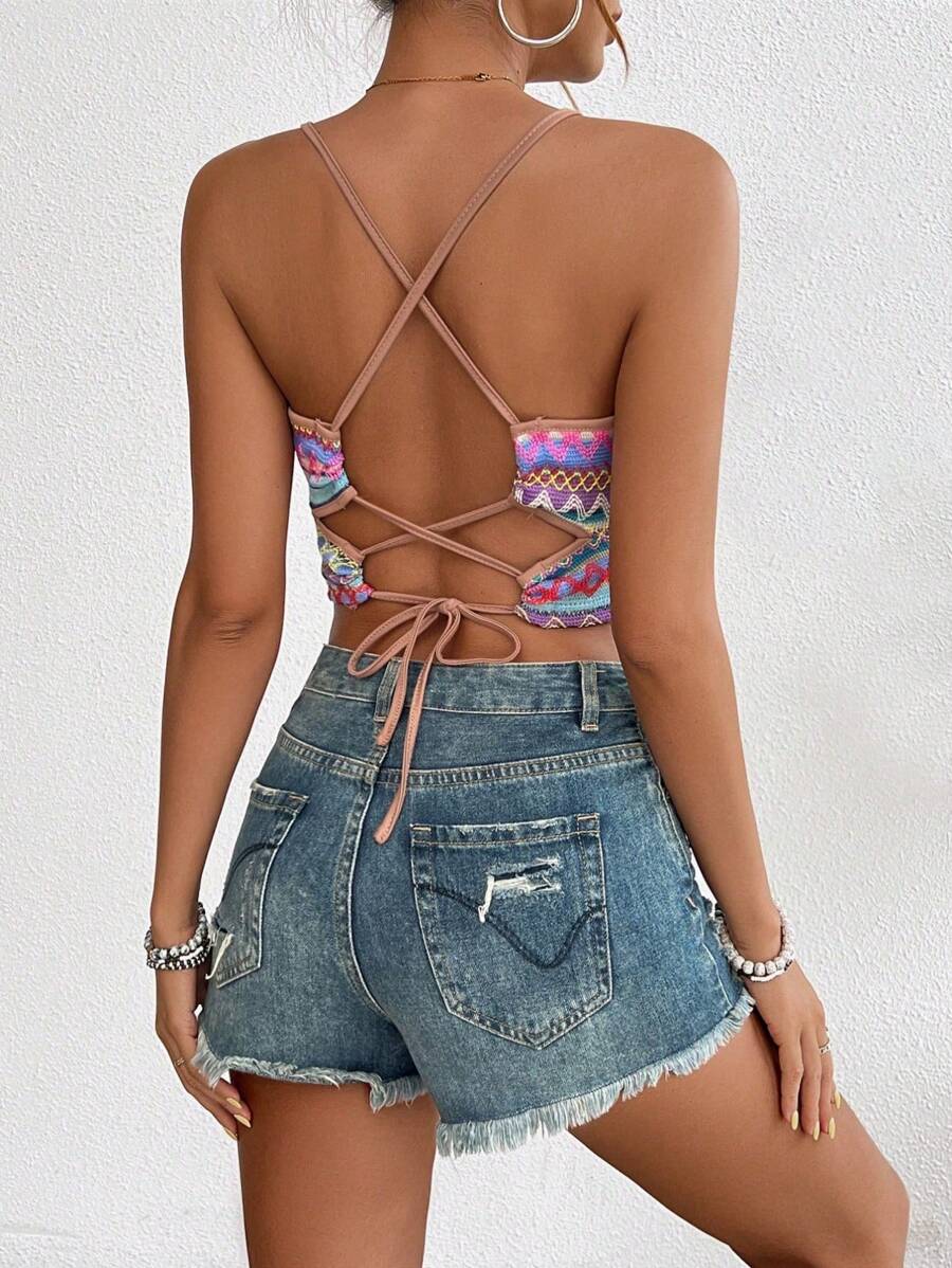 Breezaya Geo Print Tie Backless Crop Top Graphic Tees Women Tops - Multicolor - View 1