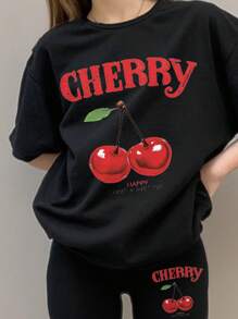 SHEIN Retro Cherry Pattern, Young Girl Casual Simple Loose Round Neck Short Sleeve Flared Trousers Two Pieces Suit Suitable For Spring And Summer - Black - View 4