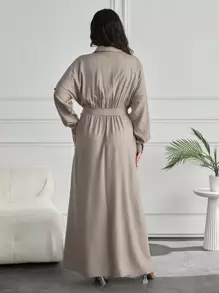 EURMUSE Plus Sıze Fancy Pocket And Belt Detaıl Long Dress - Beige - View 2