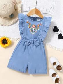 Baby Girl Spring/Summer New Leisure Vacation Style Blue Romper, Made Of Lightweight Denim Effect Fabric, With Floral Embroidery And Ruffle Short Sleeves, Creating A Sweet And Fresh Vibe