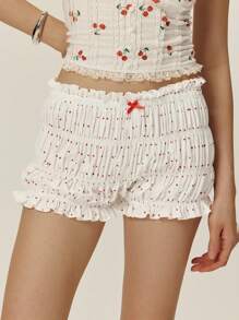 Poéselle 女士休闲简约日常短裤，可爱的波尔卡圆点褶饰短裤，带蝴蝶结细节，别致的夏季荷叶边短裤， - 白色 - 查看 3