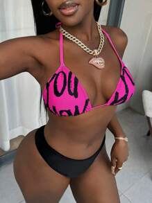 SHEIN Slayr Fashionable Sexy Graffiti Letter Print Halter Bikini Set, For Summer Beach Vacation - Hot Pink - View 3