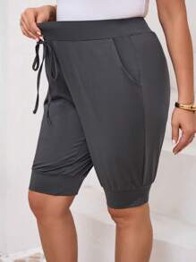 EMERY ROSE Plus Size Solid Color Lace-Up Pocket Casual Shorts, Everyday Wear - Dark Grey - View 5