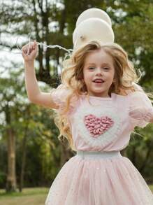 SHEIN Young Girls' Puff Sleeve Heart Decor Mesh Puff Sleeve Short Sleeve T-Shirt, Comfortable Round Neck, Cute & Fashionable, Spring & Summer