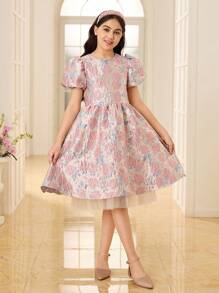 SHEIN Glamorique Kids Tween 女孩时尚优雅提花泡泡袖夏季派对连衣裙，适合日常、派对和聚会，展现女孩的优雅、纯真和优雅 - 彩色 - 查看 6