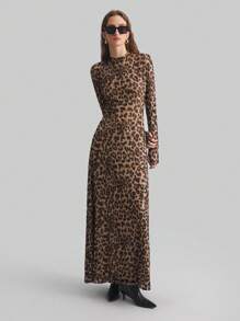 Ontre 2026SS New Elegant Leopard Print Digital Printed Long Sleeve Dress, Fitted Waist A-Line Silhouette, Suitable For Party, Holiday, Office, Wedding Guest, Vacation, Versatile Fashion Commuter Dress - Brown - View 8