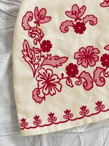 Soleia Women Summer Vacation Tie Back Floral Embroidered Halter Crop Top And A-Line Mini Skirt Suit No Chest Padding - Red - View 7