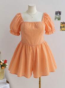 Dreamara Women Plus Size Orange & White Plaid Ruffle Puff Sleeve Casual Holiday Square Neck Jumpsuit, Summer - Orange - View 1