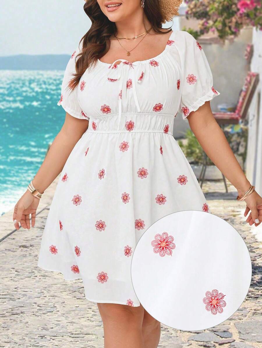 SHEIN VCAY Große Größen weißes besticktes Kleid mit quadratischem Ausschnitt, Puffärmeln und geraffter Taille, Alinien-Minirock, romantisches Urlaubsparty-Kleid, Sommeroutfit für Damen, Strand, Sommerkleidung für Damen, St. Patricks Day Outfit, Frühlingsoutfit für Damen, romantische Kleider, Brautgastkleid für Damen, Sommerkleid