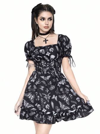 Goth Vintage Botanik Muster Puffärmel Lolita Stil Kleid