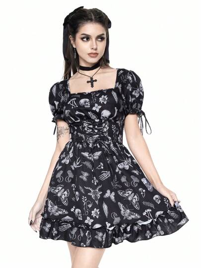 Goth Vestido estilo Lolita con mangas abullonadas y estampado botánico vintage
