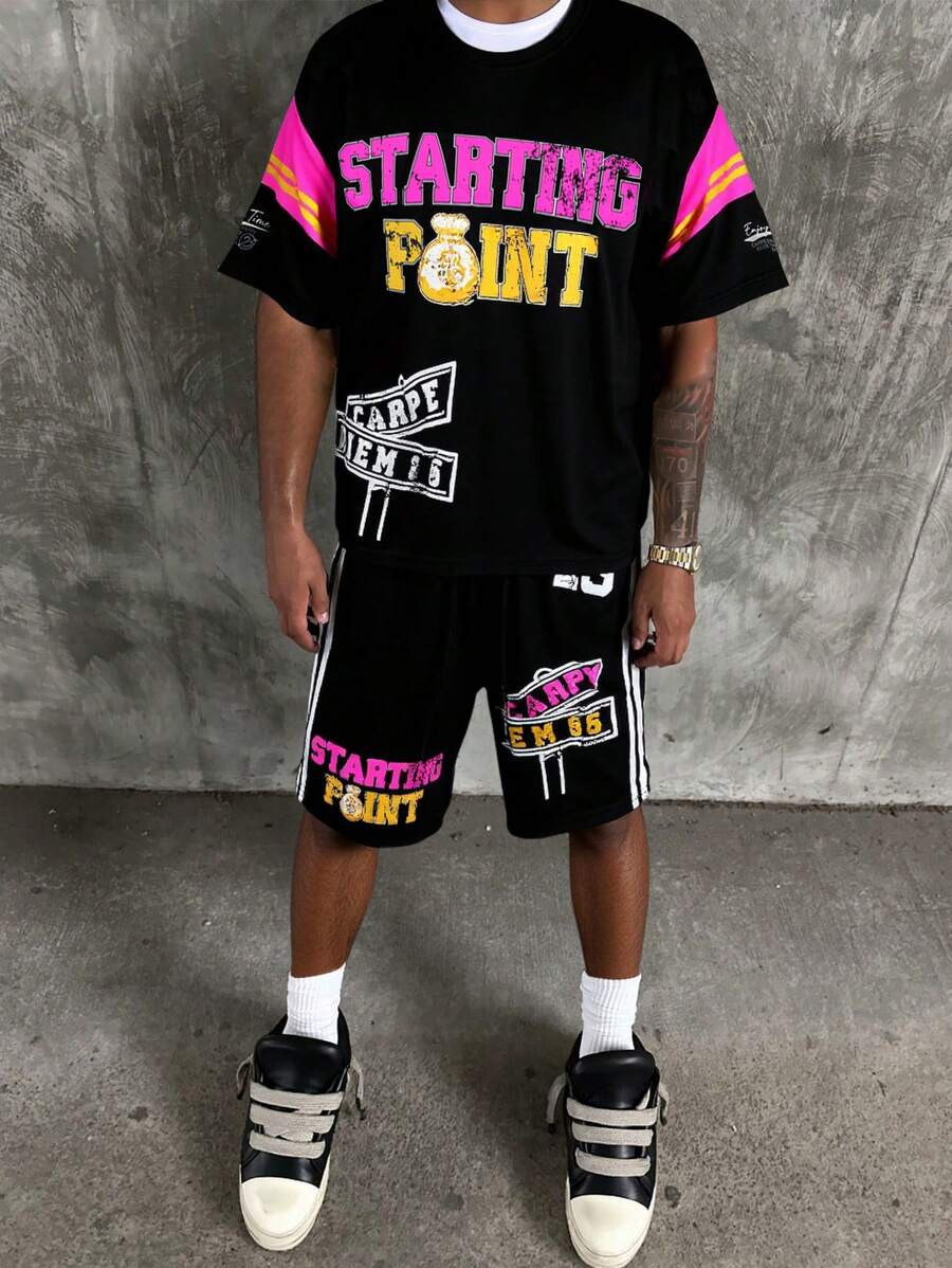 Manfinity Roghcode Manfinity EMRG Black Interesting Pattern Basketball Jersey Style T-Shirt & Shorts Set, Unisex Couple Matching Outfit,Men Two Pieces Outfits - Black - View 1