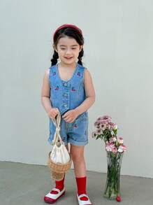 Young Girls Fashion Casual Cute Academy Cherry Embroidered 2 Pieces Denim Set - Elastic Waist Button Front Pants With Cuffs, Washed Denim Vest - Medium Wash - View 3