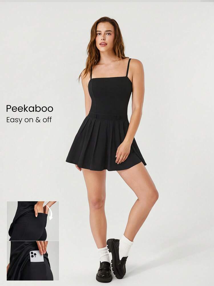 Robe à encolure carrée plissée avec boucle de ceinture et short intégré, amovible, coupelle, style casual quotidien Peekaboo FeatherFit™-Air