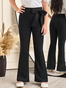 SHEIN Leap Crew Tween Girl High-Waisted Elegant Versatile Decorative Wide Leg Pants - Black - View 5