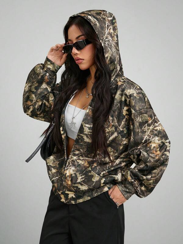 Coolane Women's Spring/Summer Couple Same Style/Couple Same Style/Basic/Going Out Knit Camo Thermal Lined Keep Warm Zip Up Green Baggy Long Sleeve Sweatshirt