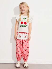 SHEIN 2 件套年轻女孩可爱樱桃印花 T 恤和可爱樱桃口袋裤子套装 - 彩色 - 查看 3
