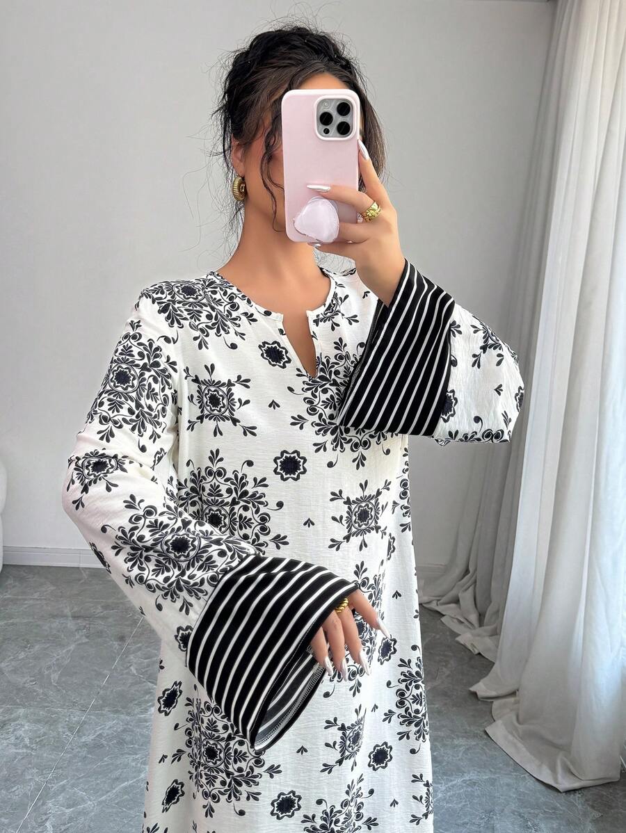 Yasmyna 女士宽松编织印花长袖对比色材质阿拉伯连衣裙