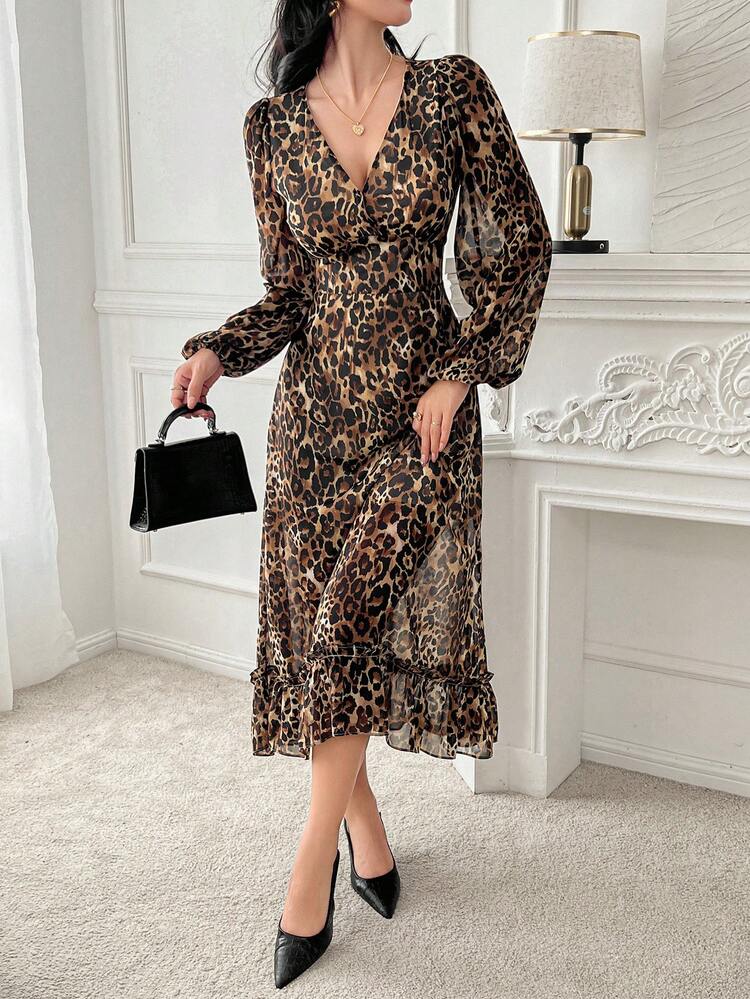 New Summer SpringStyle First Date Outfit, Elegant Bohemian Leopard Print Women Dress,Ruffle Cheetah Print