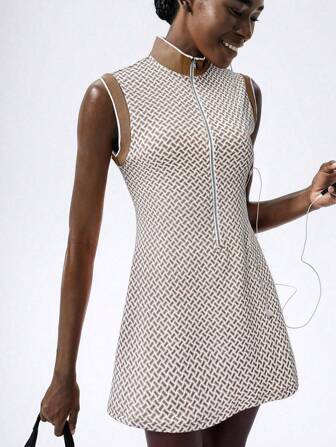 VARSITIE Retro Old Money Jacquard Turtleneck Ärmlös dragkedja Slim Miniklänning Kvinnor Aktiva Klänningar