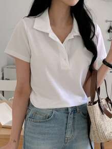 DAZY 新款西式宽松休闲翻领女式T恤，春夏季，商务休闲女装 - 白色 - 查看 8