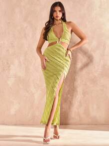 SHEIN BAE Solid Green Textured Halter Neck Backless High Slit Dress, Resort Wear