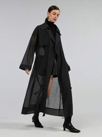 Ontre 2025 Nova Jaqueta Corta-Vento Feminina de Manga Longa com Amarração na Frente em Organza Transparente, Moda Minimalista Casual para o Dia a Dia, Elegante Agasalho, Adequada para Primavera/Verão, Dia dos Namorados no Outono/Inverno
