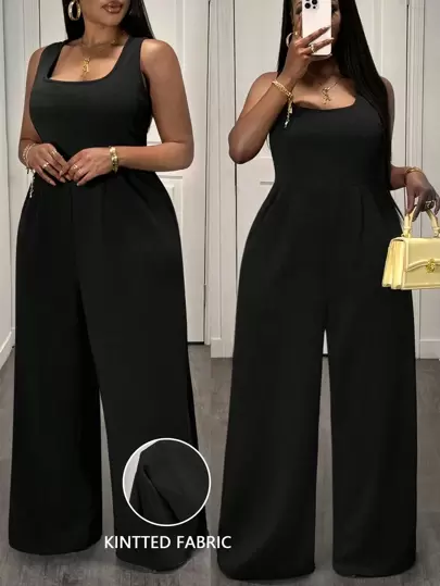 Slaydiva Elegant & Casual & Commuter Fitted Solid Black Sleeveless Wide Leg Plus Size Jumpsuit