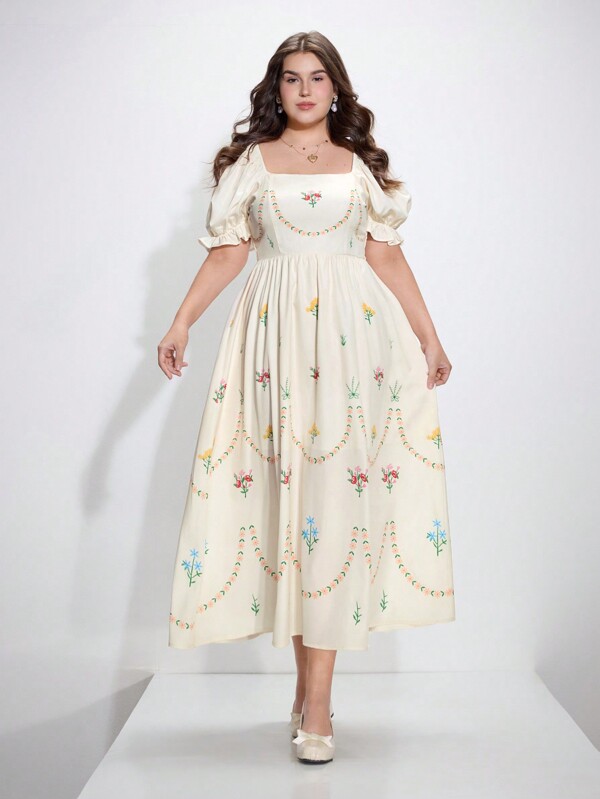 SHEIN MOD Apricot Base Placement Print Plus Size Women Long Dress,Summer Dresses,Positioning Printing,Short Sleeves,Boho Chic Dress,Birthday Dresses For Women