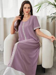 Lacomfia Color Blocking Rib Trim Round Neck Long Sleeve Loose Arabian Dress For Women - Pink - View 7