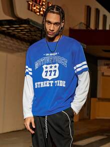 PAVTROS Manfinity Streetrush Manfinity Streetrush Men's Letter Print Round Neck Sports Mesh 2 In 1 Sweatshirt,Boyfriend Gifts - Blue - View 1