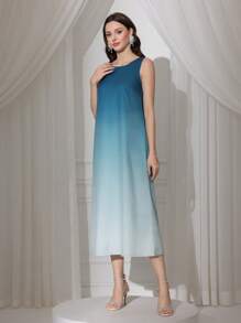 Modelyn 2pcs Women Ombre Printed 3D Flower Pleat Long Sleeve Coat & Dress Set - Teal Blue - View 5