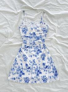 Soleia فستان أنيق مصمم للنساء بطبعة زهور ملونة باللون الأزرق والأبيض، بخصر مكشكش وتنورة قصيرة، مناسب للحفلات والمواعيد والأزياء الصيفية والشاطئ والعطلات